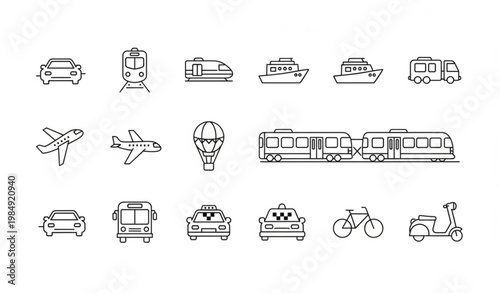 Public transport line icons set with car train plane boat truck editable stroke vector for UI UX