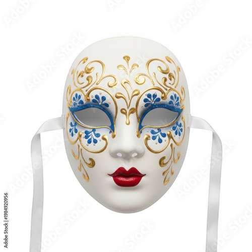 A detailed white masquerade mask adorned with blue and gold patterns and red lips