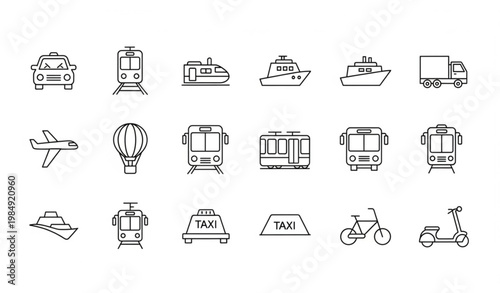Public transport line icons set with car train plane boat truck editable stroke vector for UI UX
