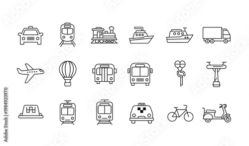 Public transport line icons set with car train plane boat truck editable stroke vector for UI UX