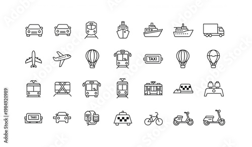 Public transport line icons set with car train plane boat truck editable stroke vector for UI UX