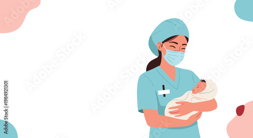 Healthcare worker in a mask and cap tenderly holding a newborn baby wrapped in a blanket on a simple background.