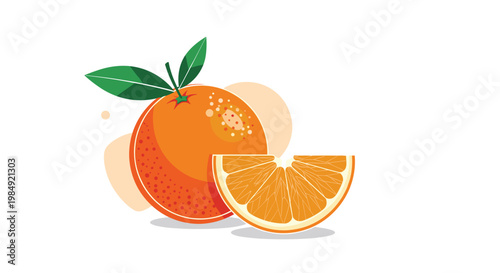 Realistic illustration of a whole orange with green leaves and a fresh juicy slice on a light abstract background.