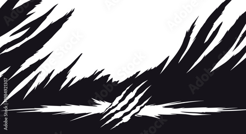Dramatic black and white illustration of sharp claw mark scratches or slashes across a dark textured background.