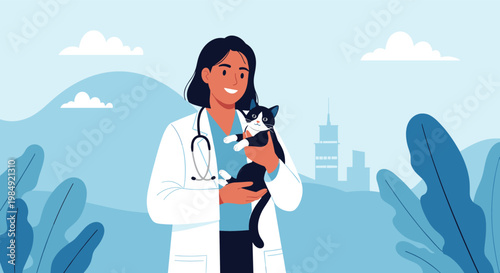 Professional female veterinarian in a white coat holding a black and white cat with a mountain city landscape.