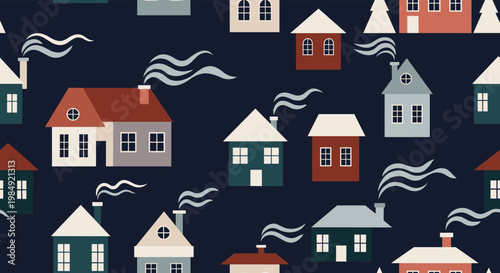 Seamless pattern of stylized houses with smoking chimneys on a dark blue background representing a winter village.