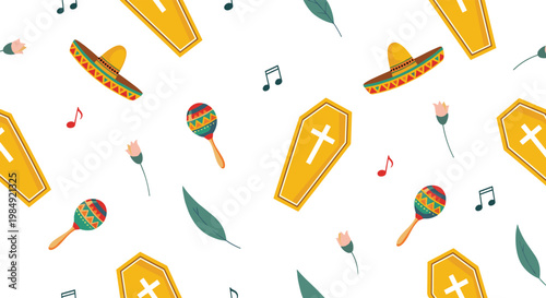 Seamless pattern for Day of the Dead featuring coffins, sombreros, maracas, flowers, and musical notes on white.