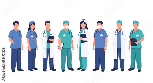 Group of medical staff including surgeons, doctors, and nurses standing together in uniforms and protective gear.