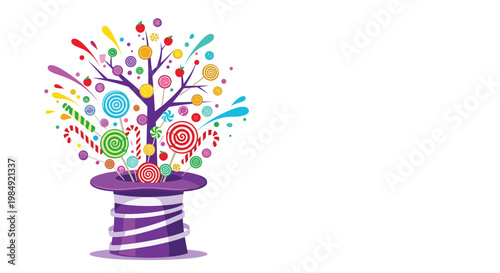 Creative illustration of a purple magician hat with a tree made of colorful lollipops and candies growing out of it.