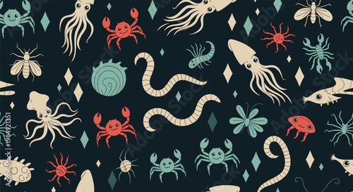 Seamless pattern of various deep sea creatures and insects like squids, crabs, worms, and flies on a dark background.