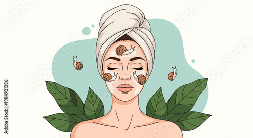 Illustration of a woman's face with snails crawling on it representing a snail slime beauty treatment.