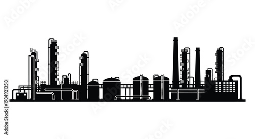 A stark black silhouette depicts a complex industrial landscape with refinery towers pipes and tanks silhouette high quality professional detailed modern