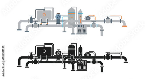 An industrial complex with pipes valves and machinery depicted in a dual tone illustration silhouette high quality professional detailed modern elegant stylish