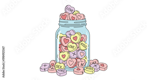 Glass jar filled with colorful heart-shaped candies featuring romantic messages like love and kiss for valentines day celebrations.