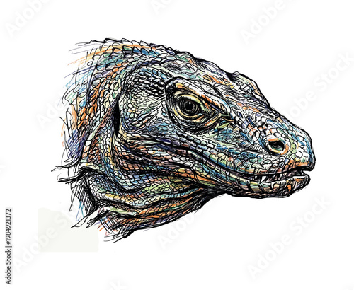 Detailed illustration of a Komodo dragon's head with vibrant, textured scales