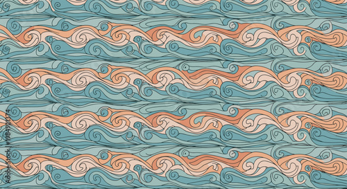 Seamless background pattern featuring stylized ocean waves and sea surf in calming blue and soft orange tones for textile design.
