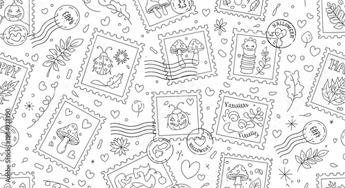 Seamless pattern of hand-drawn postage stamps featuring autumn leaves mushrooms and halloween pumpkins for mail and craft projects.