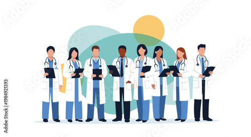Large group of diverse male and female doctors and healthcare workers wearing white coats and stethoscopes standing in a hospital row.