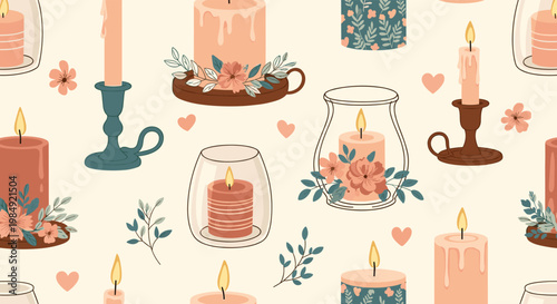 Beautiful seamless pattern of decorative candles and floral arrangements in various holders creating a serene and romantic atmosphere for design.