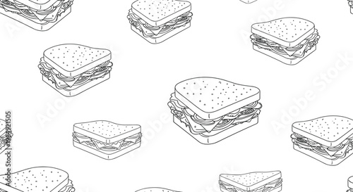 Tasty seamless pattern of detailed line art sandwiches with multiple layers of ingredients perfect for food and deli-themed backgrounds.