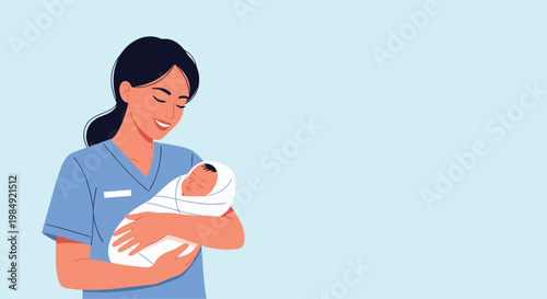 Heartwarming illustration of a smiling nurse in a blue uniform holding a sleeping newborn baby wrapped in a white blanket against blue.
