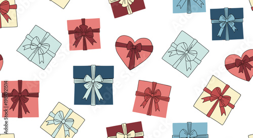 Colorful seamless pattern of various gift boxes in square and heart shapes with ribbons and bows scattered on a clean white background.