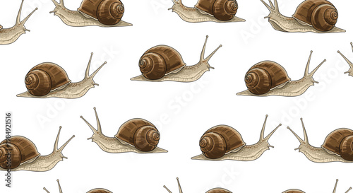 Realistic seamless pattern of garden snails with brown shells crawling across a clean white background suitable for nature-themed designs.