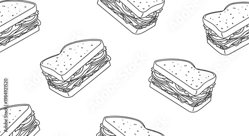Minimalist seamless pattern of black and white line art sandwiches repeating across the frame for cafe and food-related branding.
