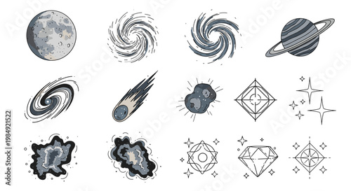 Comprehensive collection of outer space icons including planets, galaxies, comets, asteroids, stars, and nebulas in a detailed sketch style.
