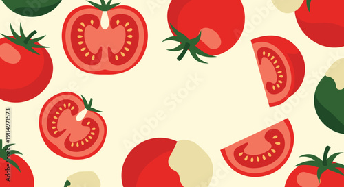Vibrant seamless pattern of fresh whole tomatoes, tomato slices, and mozzarella cheese pieces on a cream background for culinary designs.