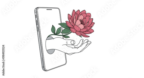 Creative illustration of a hand emerging from a smartphone screen holding a beautiful blooming lotus flower representing digital connection.
