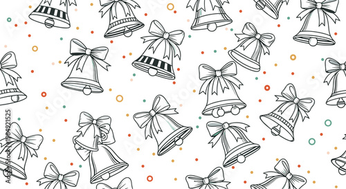 Festive seamless pattern of hand-drawn Christmas bells with bows and colorful confetti dots for holiday celebrations and greeting cards.