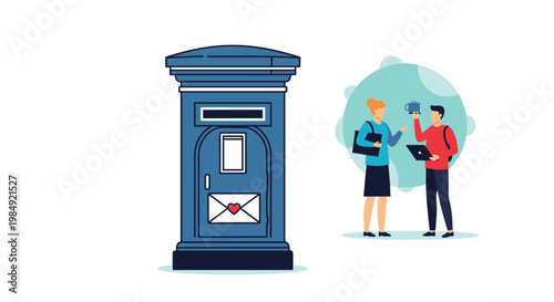 Modern flat design illustration featuring a classic blue pillar post box with a letter and two people talking in the background.