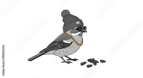 Stylish illustration of a sparrow bird character wearing a gray beanie, gold chain, and sunglasses standing next to sunflower seeds.