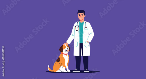 Professional illustration of a male veterinarian in a white coat and stethoscope patting a happy dog against a solid purple background.