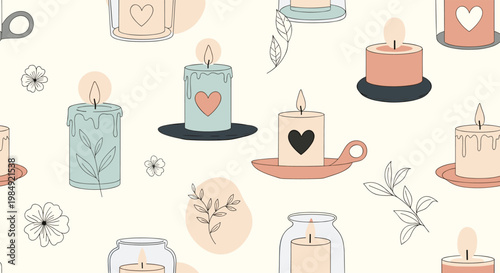 Peaceful seamless pattern of various lit candles in holders decorated with hearts and leaves in soft colors for meditation and relaxation.