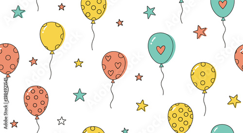Cheerful seamless pattern of colorful balloons with dots and hearts among scattered stars on a white background for parties and birthdays.