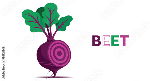 Colorful illustration of a whole beetroot with its green leafy top and the word BEET in a playful multi-colored font on a white background.