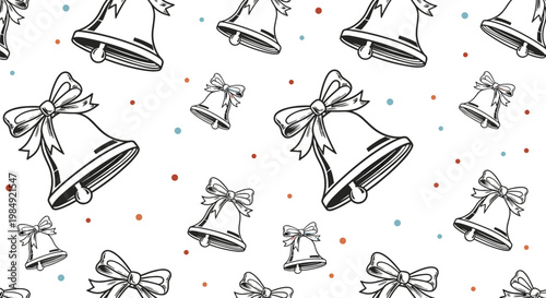 Elegant seamless pattern featuring detailed hand-drawn bells with ribbons and bows amongst colorful dots on a white background.