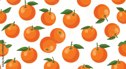 Bright and refreshing seamless pattern of whole oranges with green leaves on a white background perfect for summer and fruit themes.