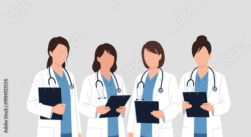 Diverse group of four female doctors in white lab coats and stethoscopes holding clipboards against a solid light gray background.