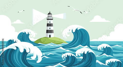 Atmospheric illustration of a black and white striped lighthouse on a green island surrounded by large crashing ocean waves and seagulls.