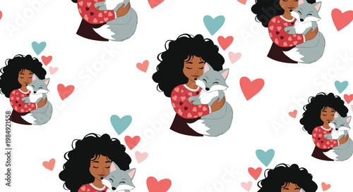 Seamless repeating pattern featuring a young woman with curly hair hugging a cute gray fox surrounded by colorful floating heart shapes.
