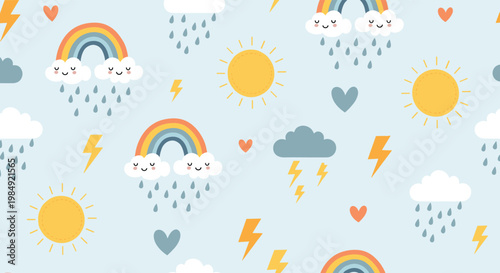 Childlike seamless pattern with smiling rainbows, golden suns, rain clouds, and yellow lightning bolts representing various weather conditions.