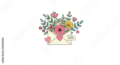 Elegant cream envelope overflowing with a beautiful bouquet of pink and yellow flowers accented by small floating hearts for a romantic gesture.
