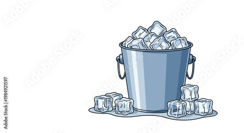 Metal ice bucket filled to the brim with clear ice cubes and several additional pieces scattered around its base on a wet surface.