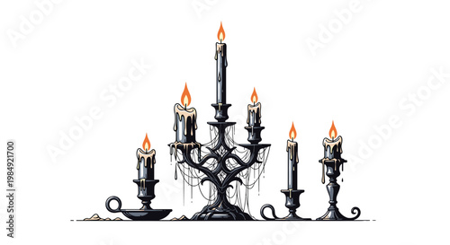 Gothic style candelabra with melting candles and cobwebs creates a spooky atmosphere for Halloween or haunted house themes.
