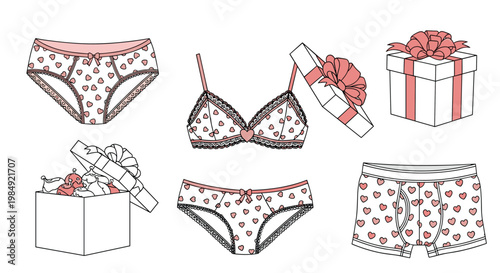 Collection of romantic lingerie and underwear with heart prints alongside wrapped gift boxes for valentines day themes.