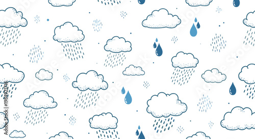 Seamless pattern of fluffy white clouds with blue raindrops on a clean background for weather and nursery themed designs.