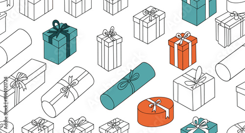 Celebration pattern featuring a variety of wrapped gift boxes with ribbons and bows in a seamless and festive repeating design.